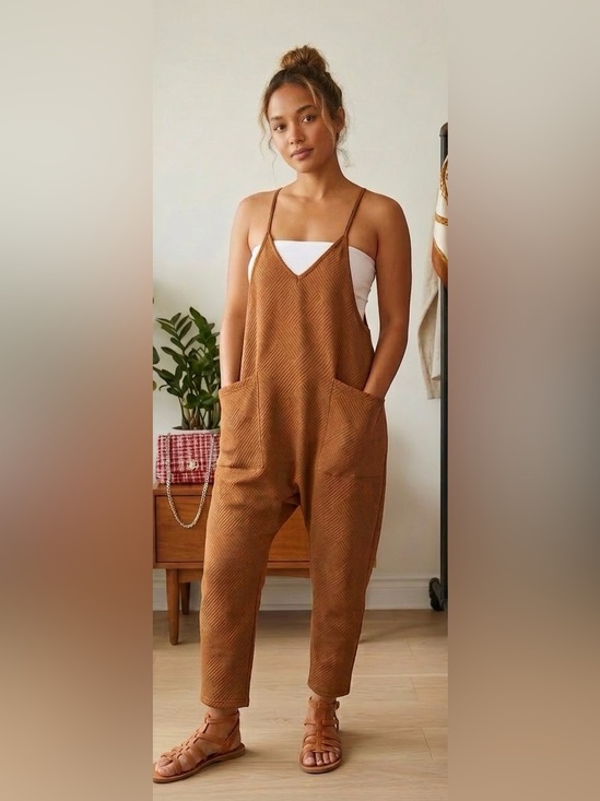Very J Pants - Very J Brown Textured Spaghetti Strap Jumpsuit